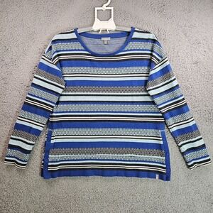 T by‎ Talbots Sweater Top Women Medium Knit Blue Gray Tone Geometric Print